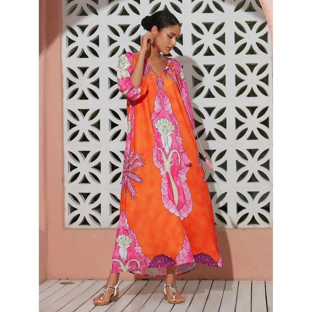 Ador Orange Pink Tropical Paisley‎ Tassel Maxi Caftan Dress Size 2XL NEW